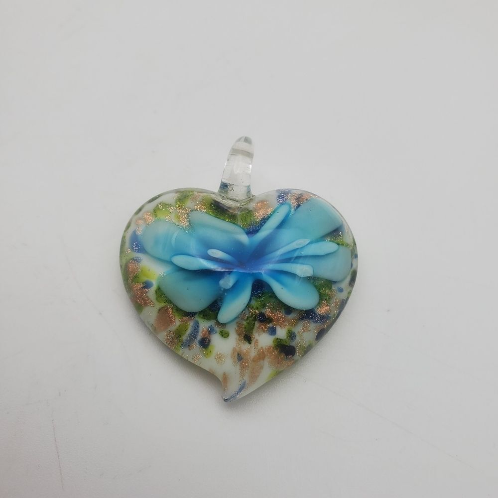 Hand-blown glass‎ art heart floral necklace pendant